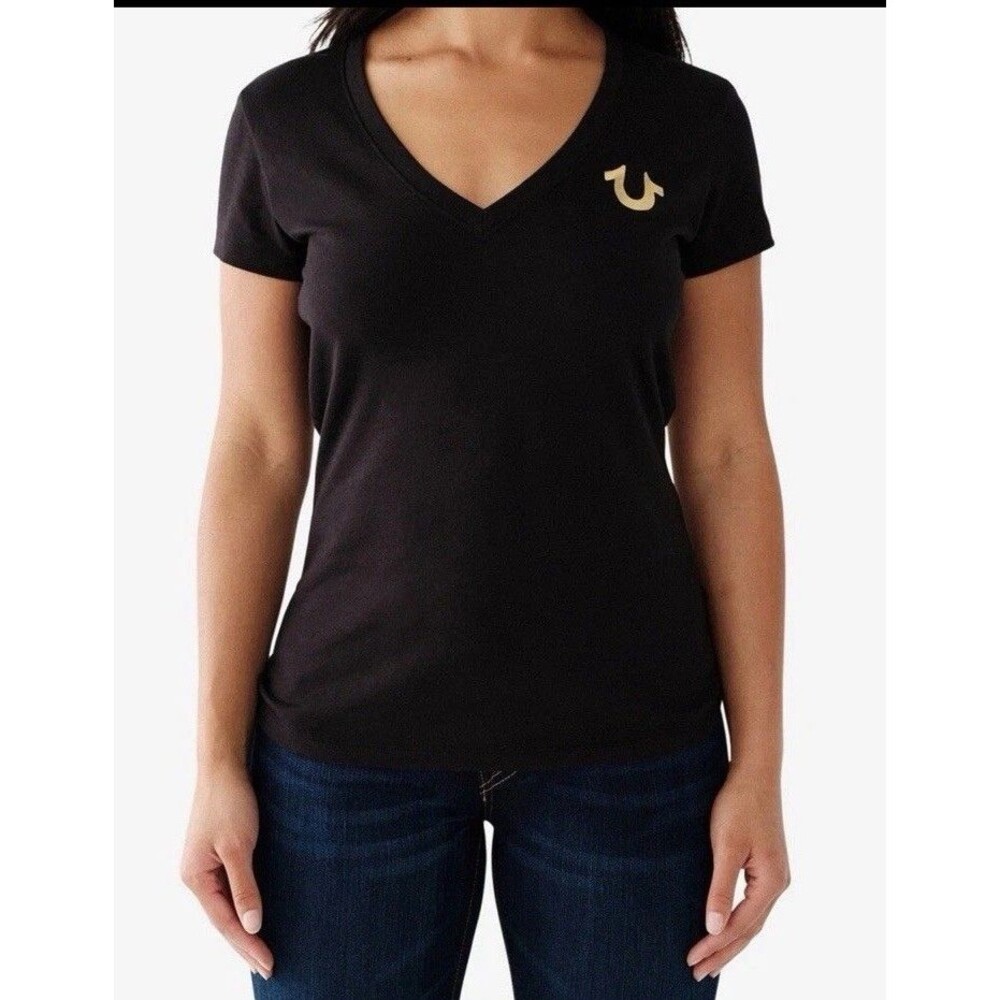 True Religion Women T Shirt Black 100%Cotton Back Logo V Neck Sz L